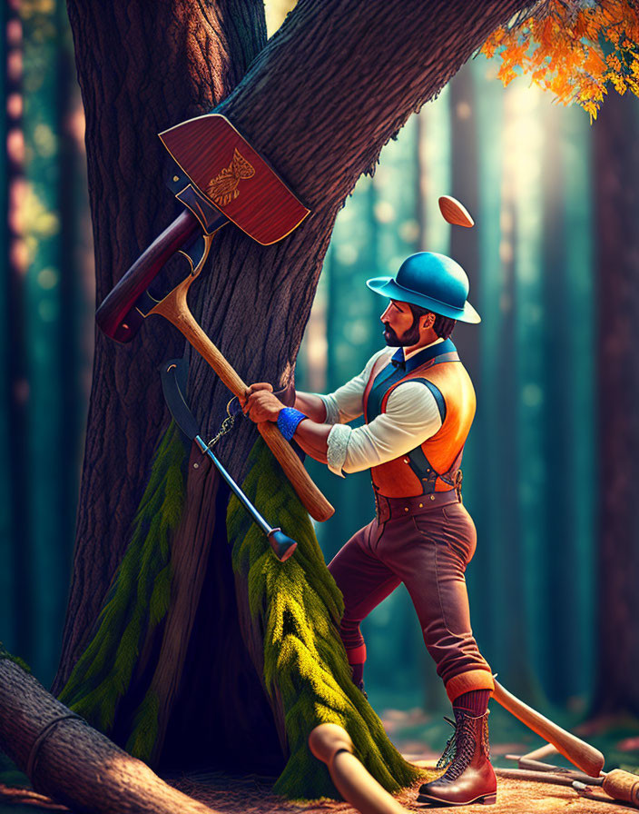Illustration of lumberjack with axe in autumn forest