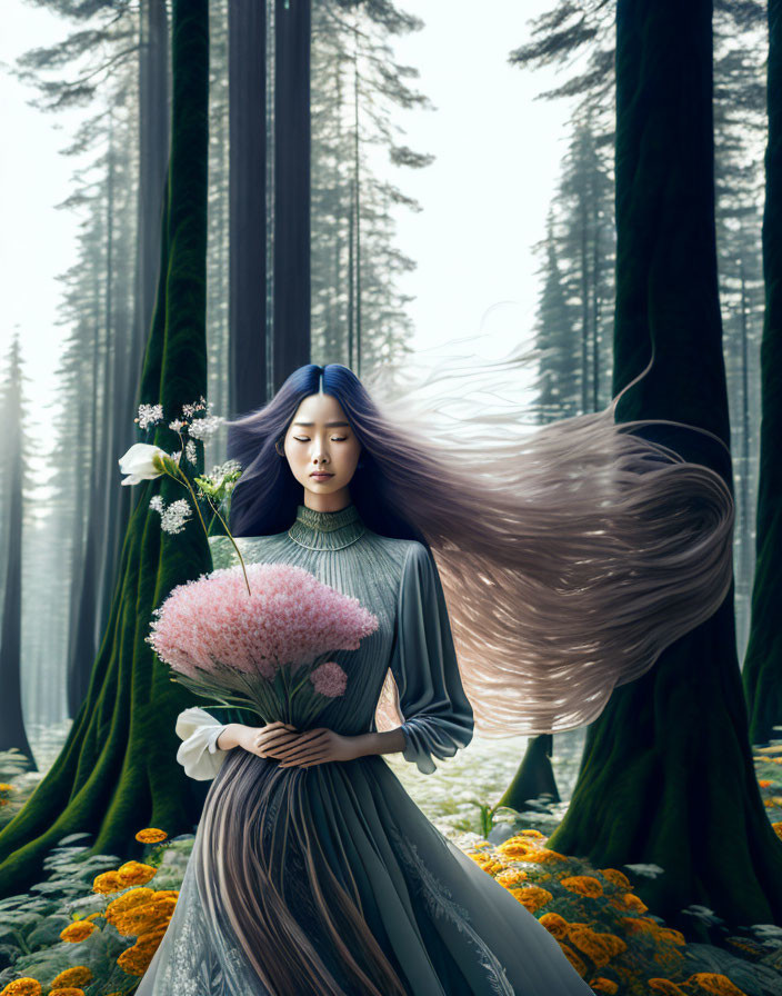 Serene woman with long hair holding bouquet in misty forest