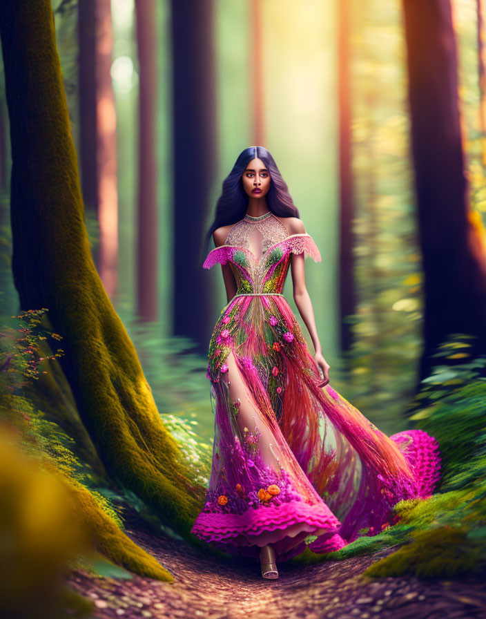 Woman in floral pink dress in sunlit forest with magical atmosphere