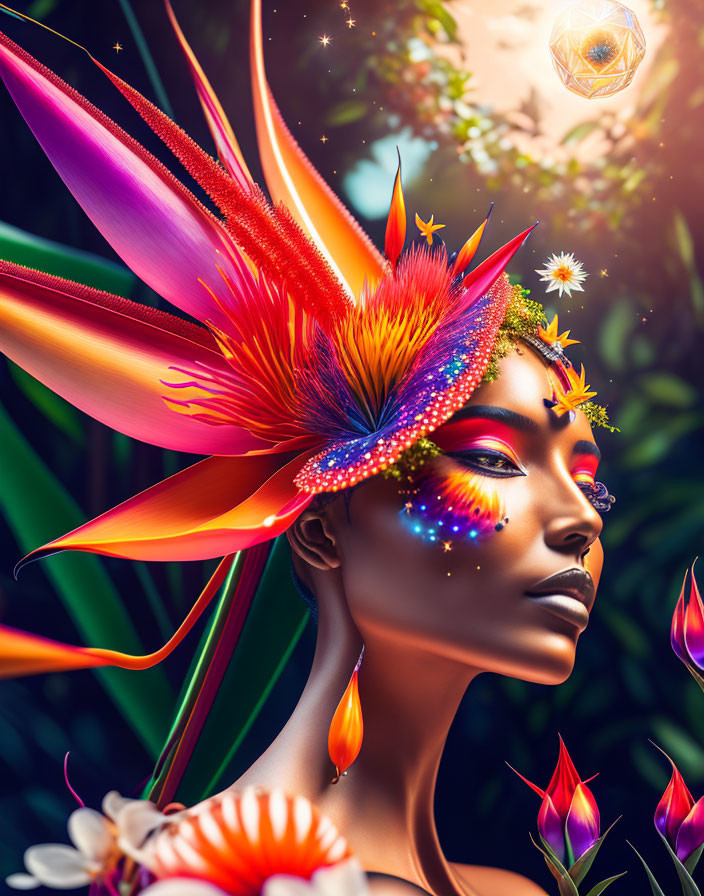 Colorful digital artwork: Woman with exotic headdress in lush floral setting