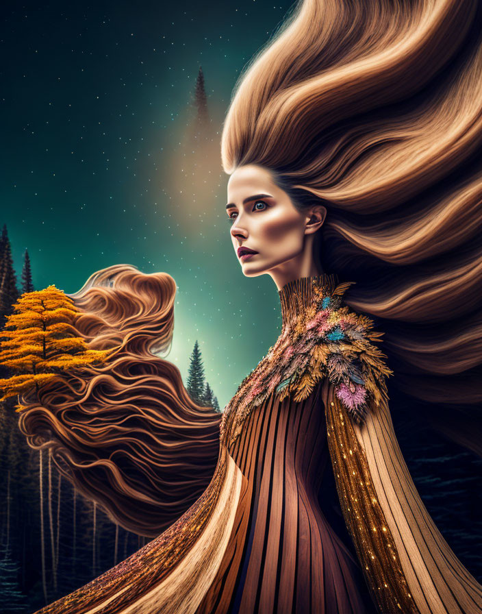 Surreal portrait of woman with flowing hair in autumn forest landscape