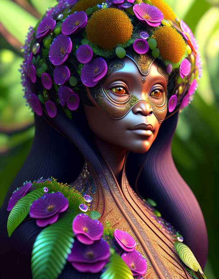 Digital artwork of woman with dark hair, vibrant flowers, and intricate skin patterns