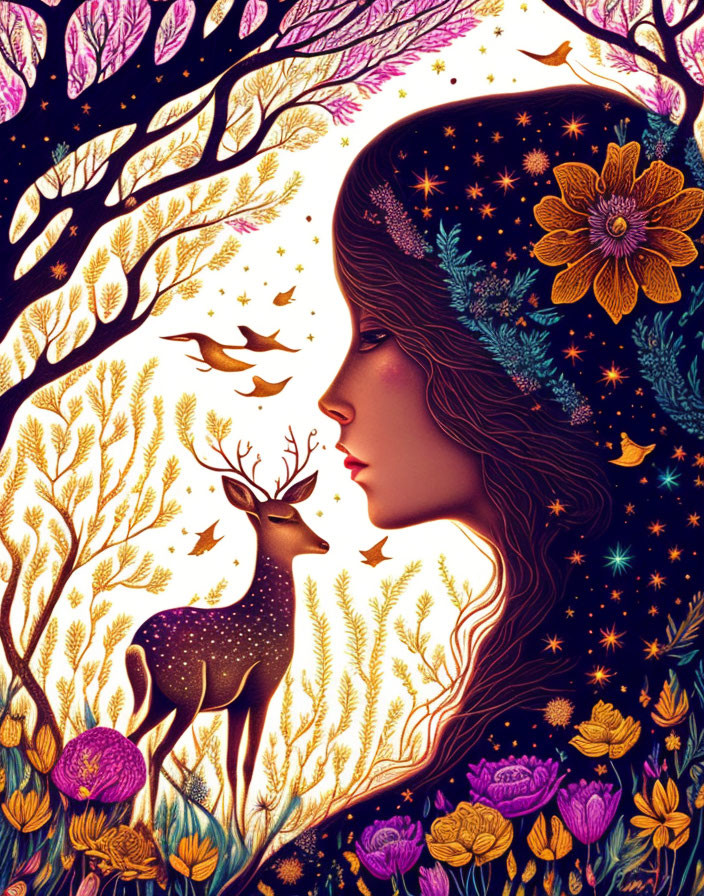 Stylized cosmic-themed woman profile with floral and deer elements