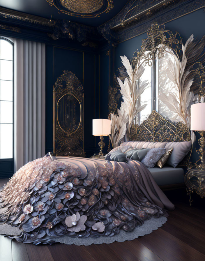 Luxurious Bedroom with Floral-Patterned Bed and Gilded Mirror
