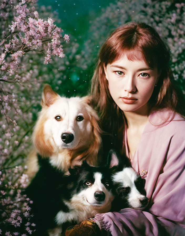 Woman in Pink Outfit Holds Two Dogs Among Cherry Blossoms