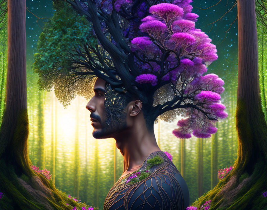 Surreal illustration: man merging into tree with purple foliage in forest