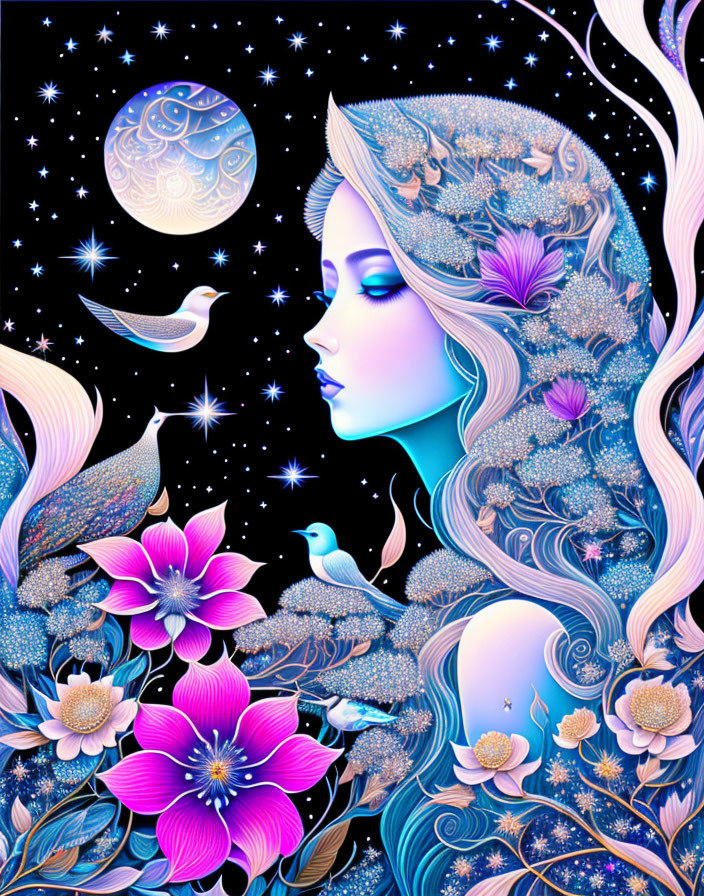 Illustration of woman with floral hair in celestial setting