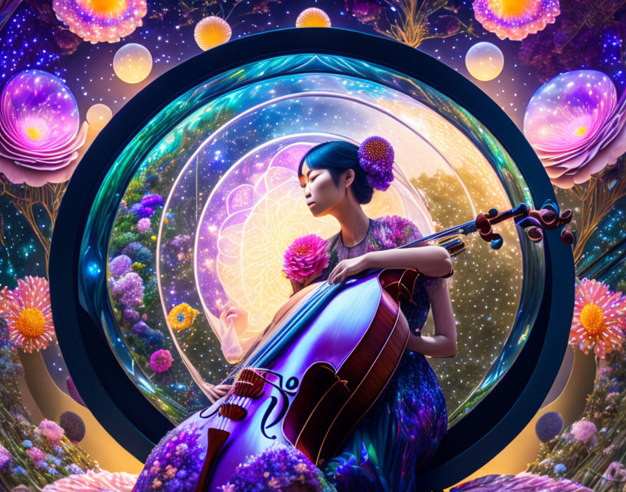 Woman playing cello in cosmic setting with flowers and celestial bodies.