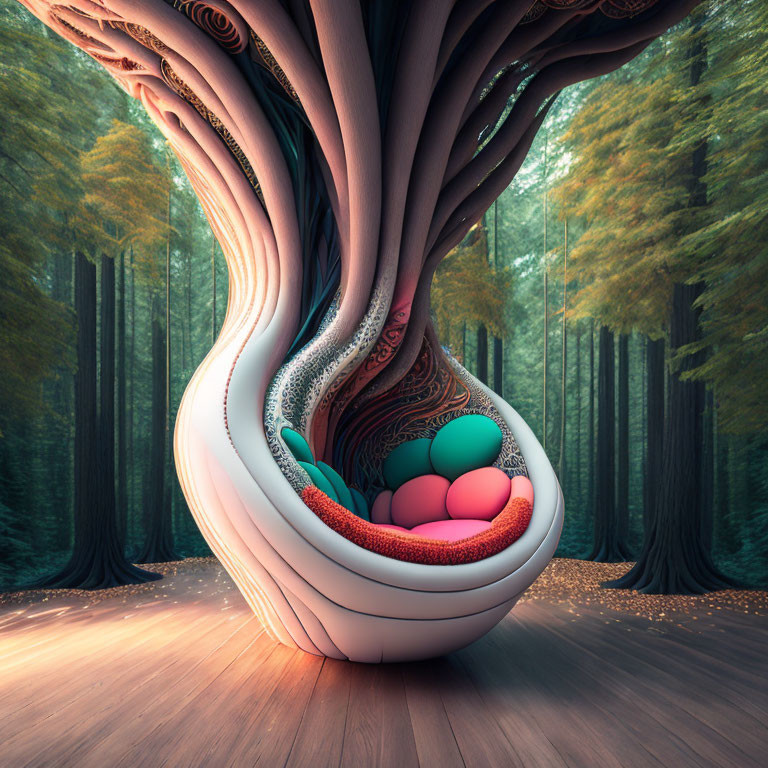 Surreal tree with twisted trunk and colorful spheres in serene forest