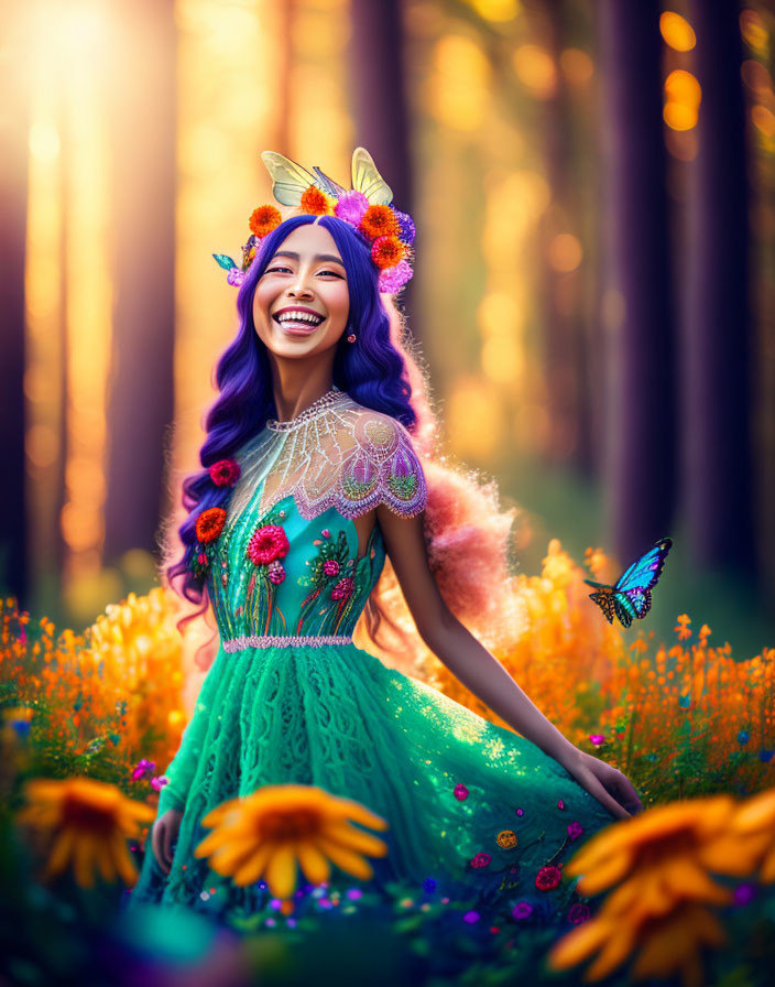 Woman in Vibrant Floral Dress Smiling in Sunlit Forest