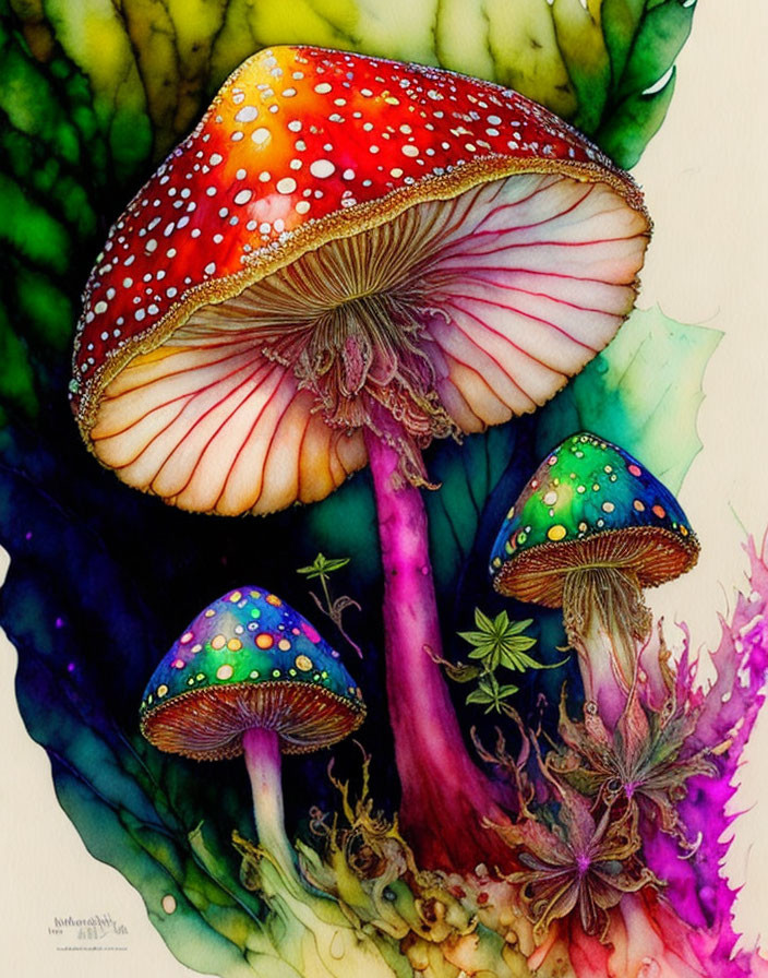 Colorful Watercolor Painting of Whimsical Mushrooms in Lush Foliage