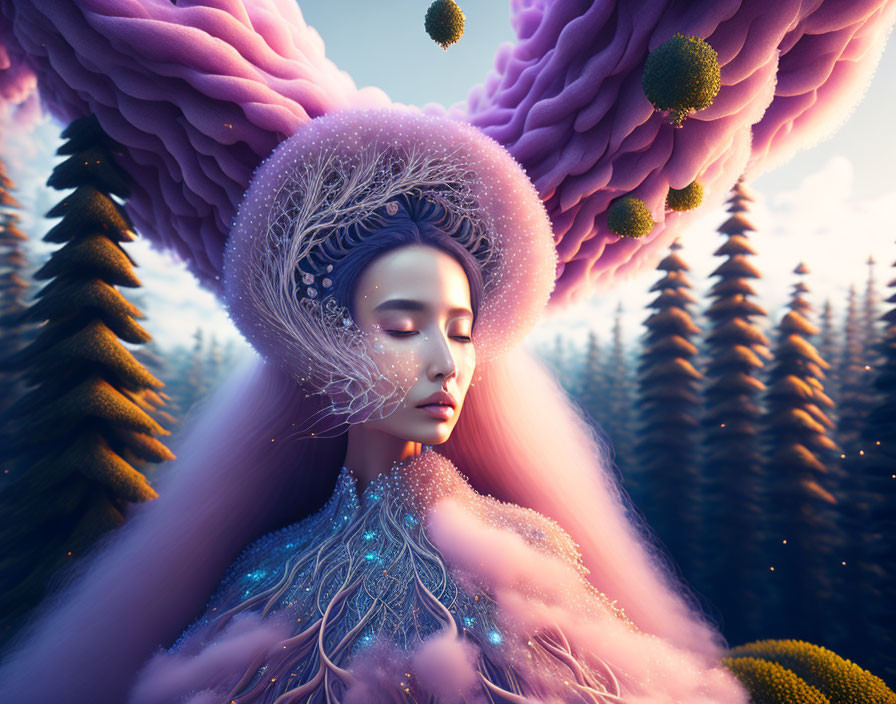Digital Artwork: Serene Woman in Surreal Landscape