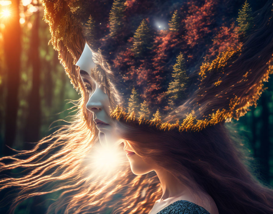 Double exposure effect: Woman's profile fused with forest scenery