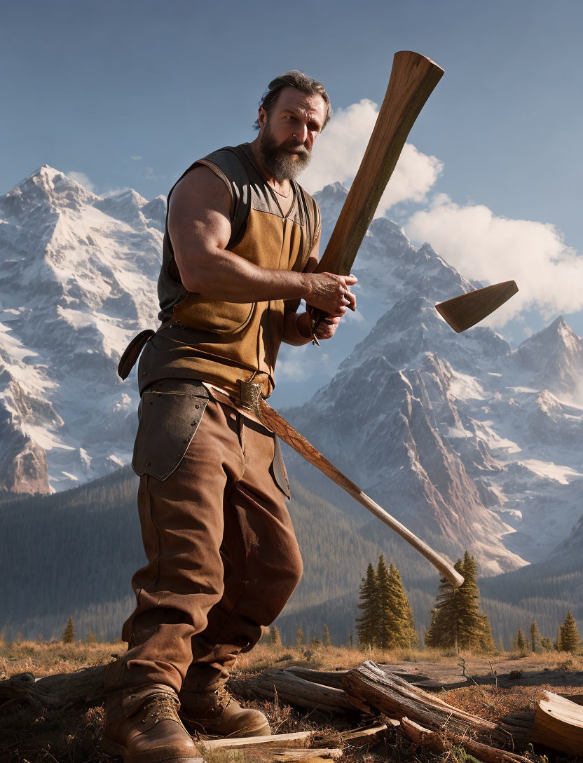 Bearded man in tank top holds axe in mountain forest