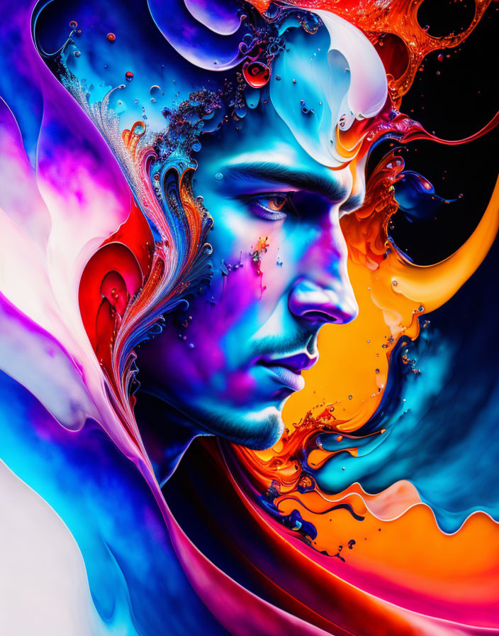Colorful Abstract Portrait with Swirling Patterns and Liquid Textures
