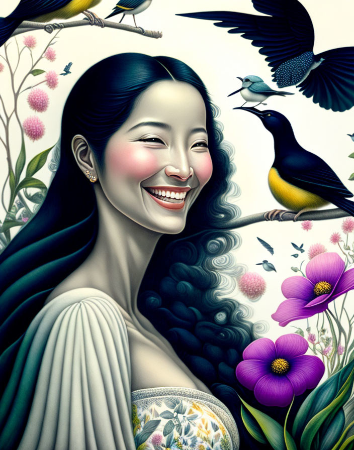 Smiling woman with birds and flowers in nature-inspired setting