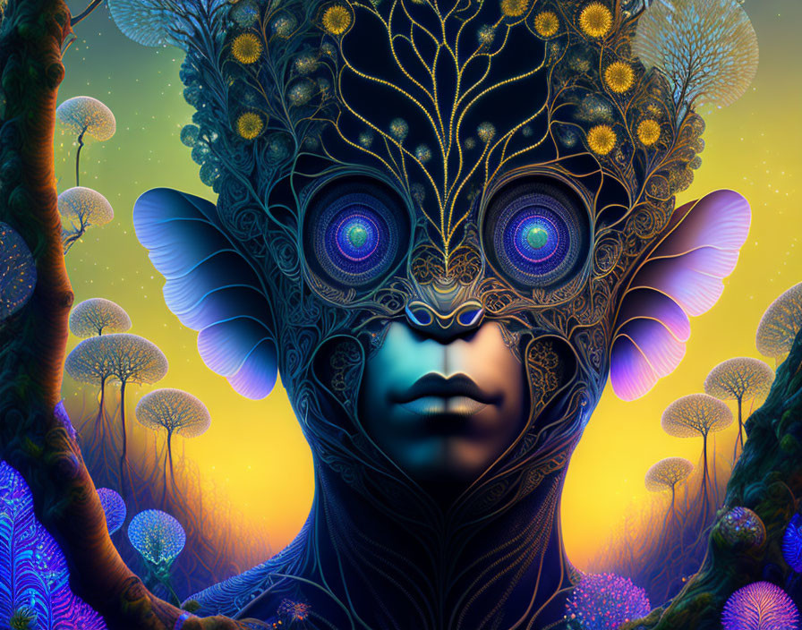 Colorful digital artwork of mystical being in enchanted forest