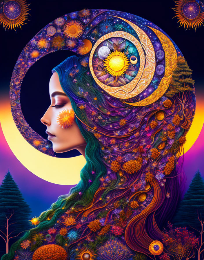 Colorful digital artwork: Woman's profile merges with cosmic floral motifs