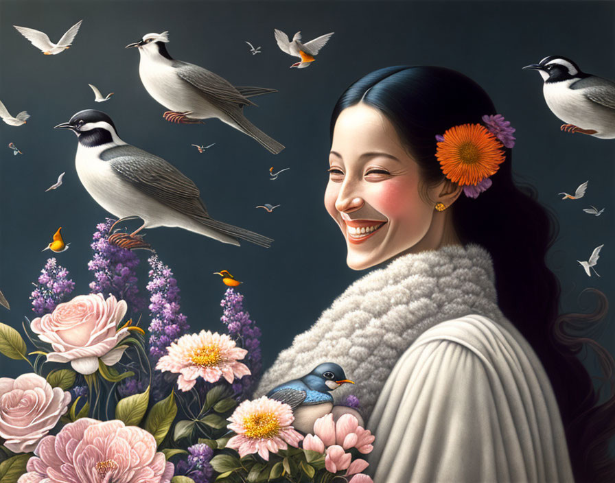 Colorful Flowers and Birds Surround Smiling Woman on Dark Background