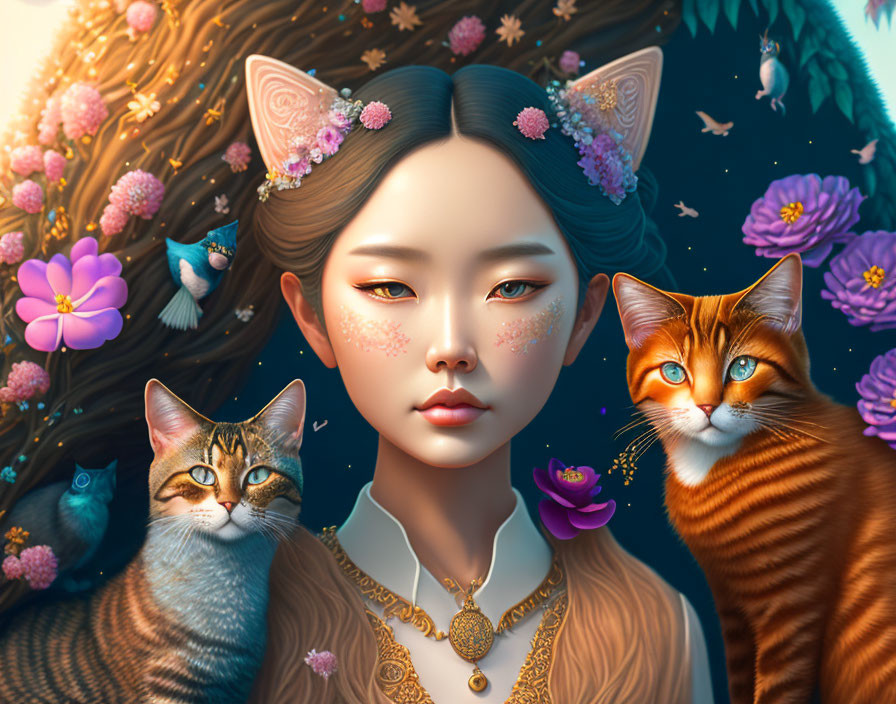 Digital artwork: Young woman with cat ears, flowers, and realistic cats in vibrant, detailed fantasy realism