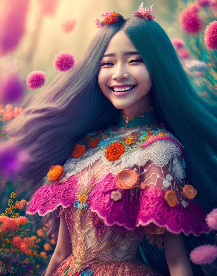 Colorful Floral Garden Scene with Joyful Woman and Teal Hair