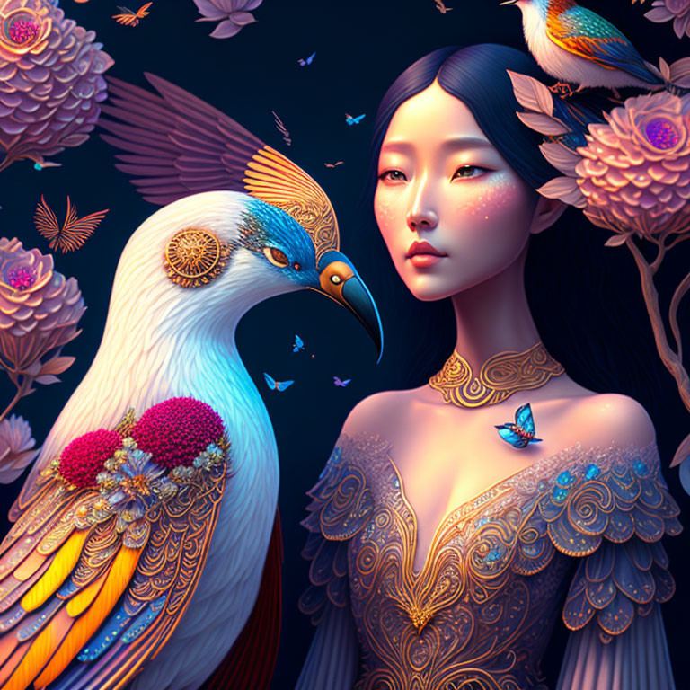  girl with birds, flowers, fairytale, magic realis