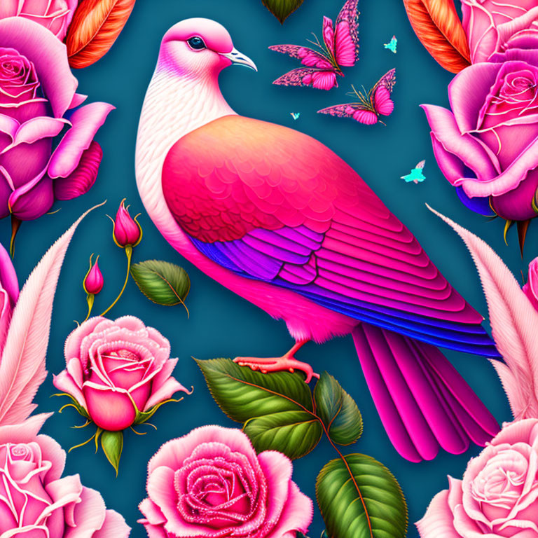 Colorful Pink Pigeon with Roses, Feathers, and Butterflies on Teal Background