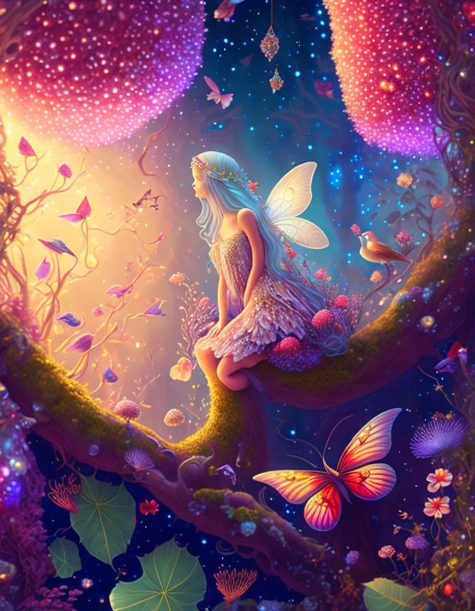 beautiful fairy with cute birds, vines, flowers, a