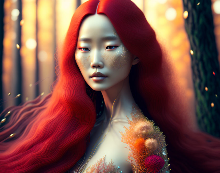 Vibrant red-haired woman with golden speckles in digital art.