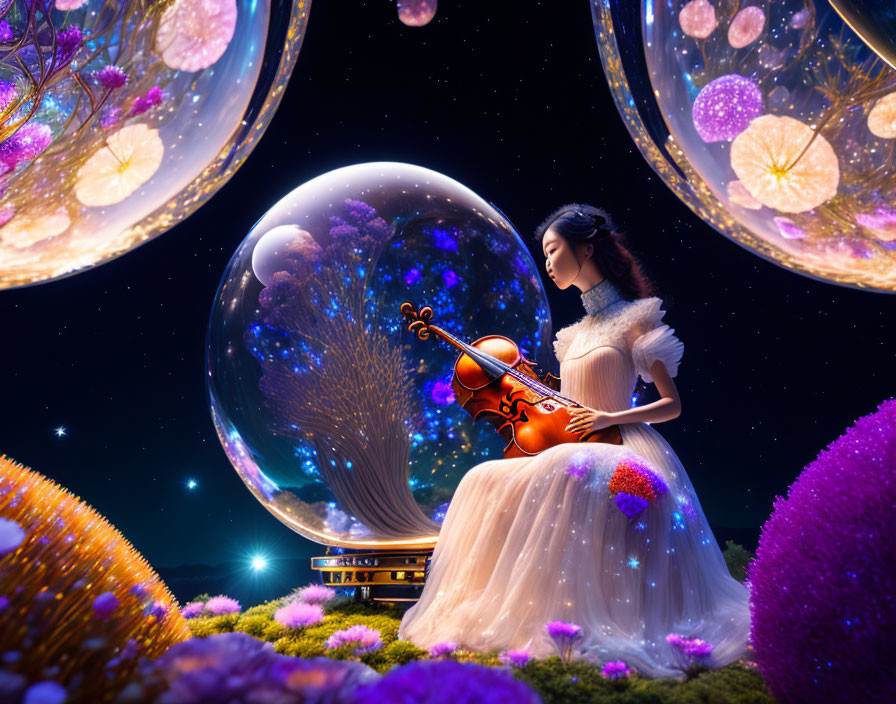 Woman playing cello under starry sky with glowing orbs and colorful flora