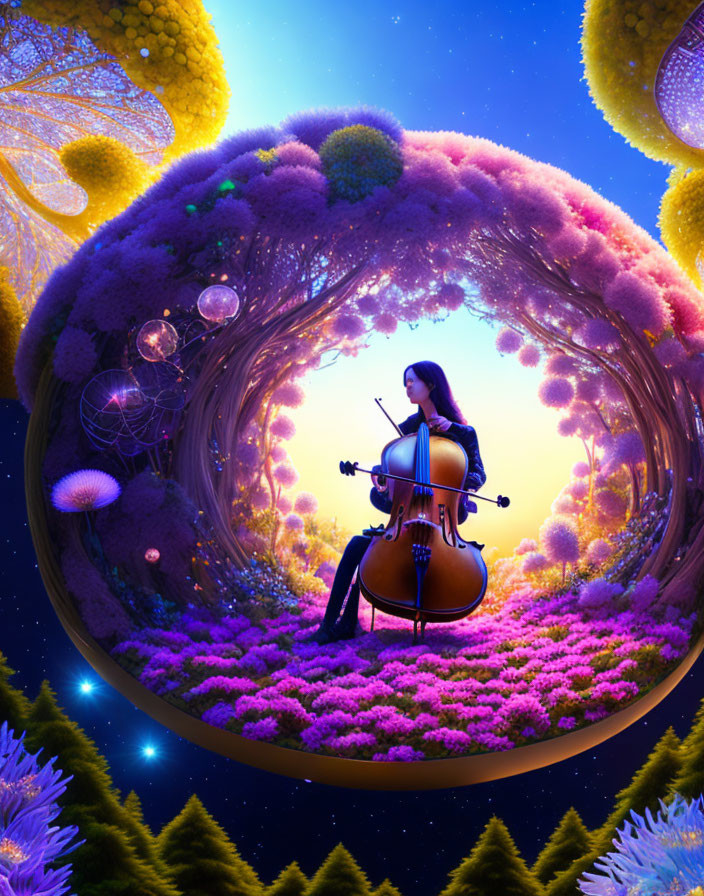 Cellist performing in surreal, vibrant landscape with glowing trees and magical flora