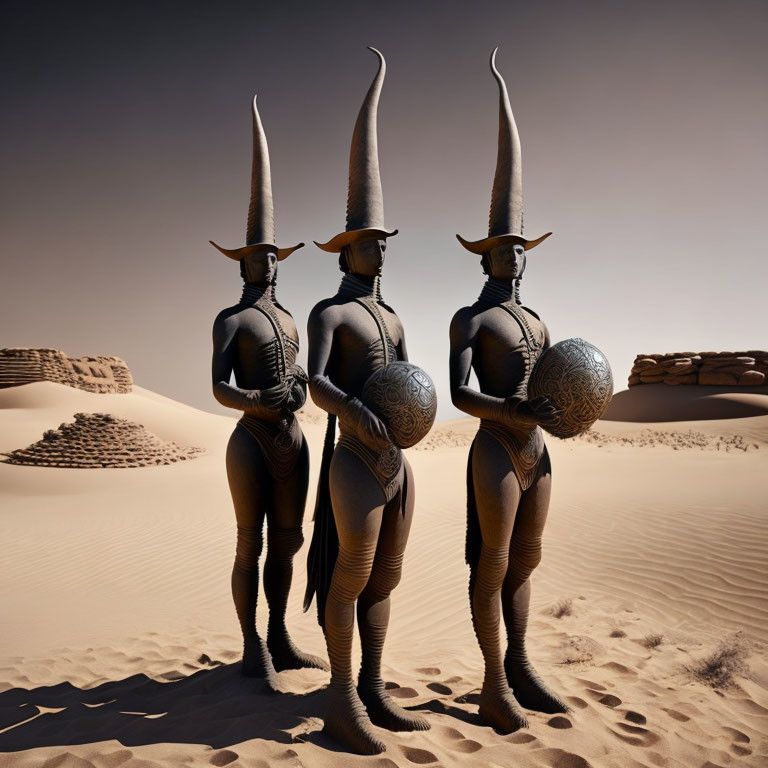 Three horned figures holding orbs in desert landscape