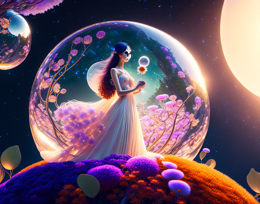 Surreal illustration of woman in flowing dress in transparent orb with vibrant flowers and bubbles on cosmic background