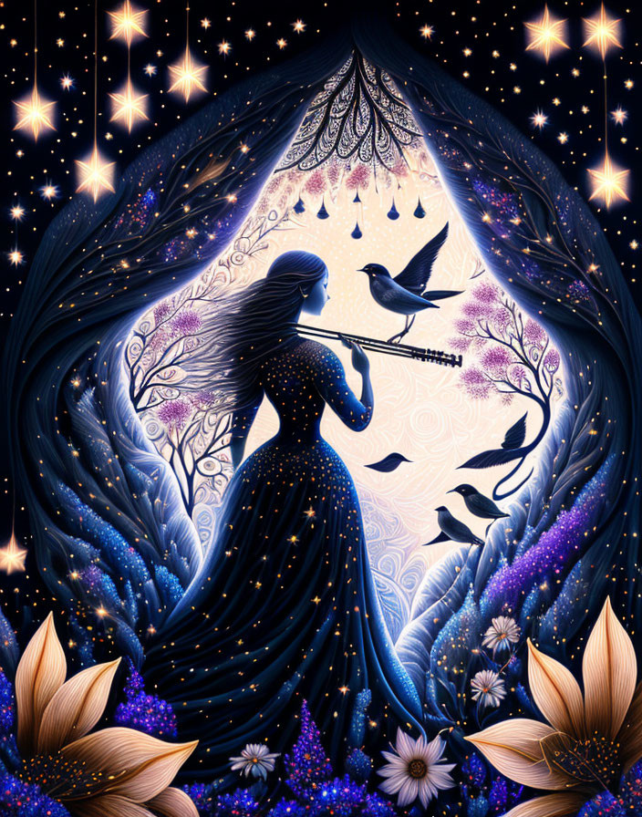 Silhouette of woman with flowing hair and gown under starry night sky
