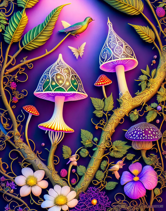 Colorful Nature Scene with Mushrooms, Plants, Bird, and Insects