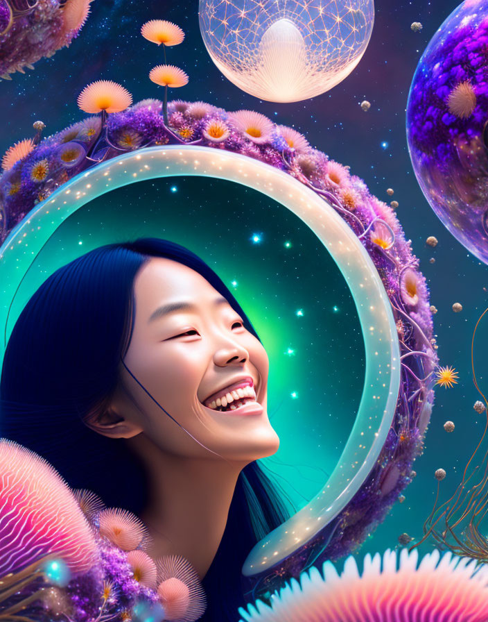Radiant smiling woman in cosmic background with glowing orbs and alien-like flowers