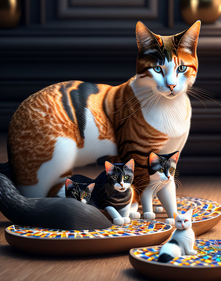 Adult Cat with Blue-Eyed Kittens on Colorful Plates and Wooden Floor
