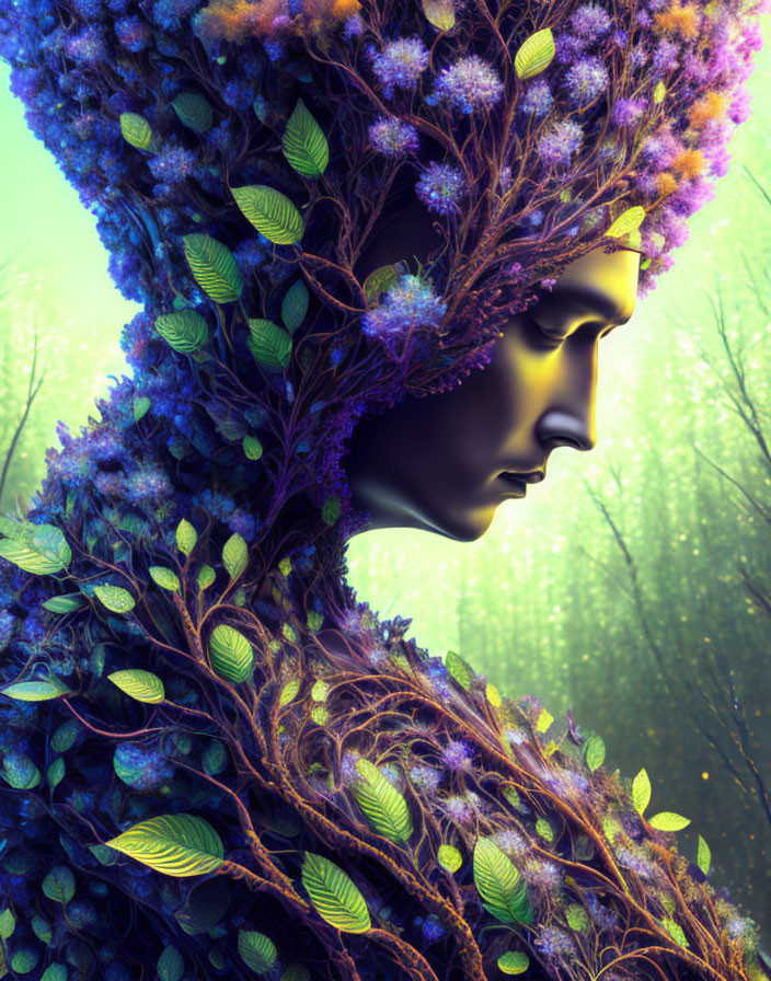 Surreal portrait of figure with tree bark skin, adorned with leaves and flowers in misty forest