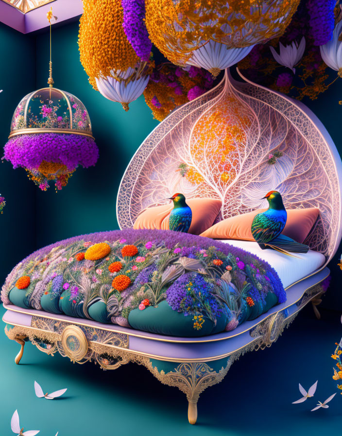Colorful Floral and Peacock-Themed Bedroom Decor