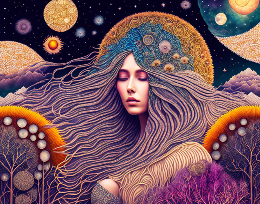 Woman with flowing hair intertwined with cosmic elements and celestial bodies.