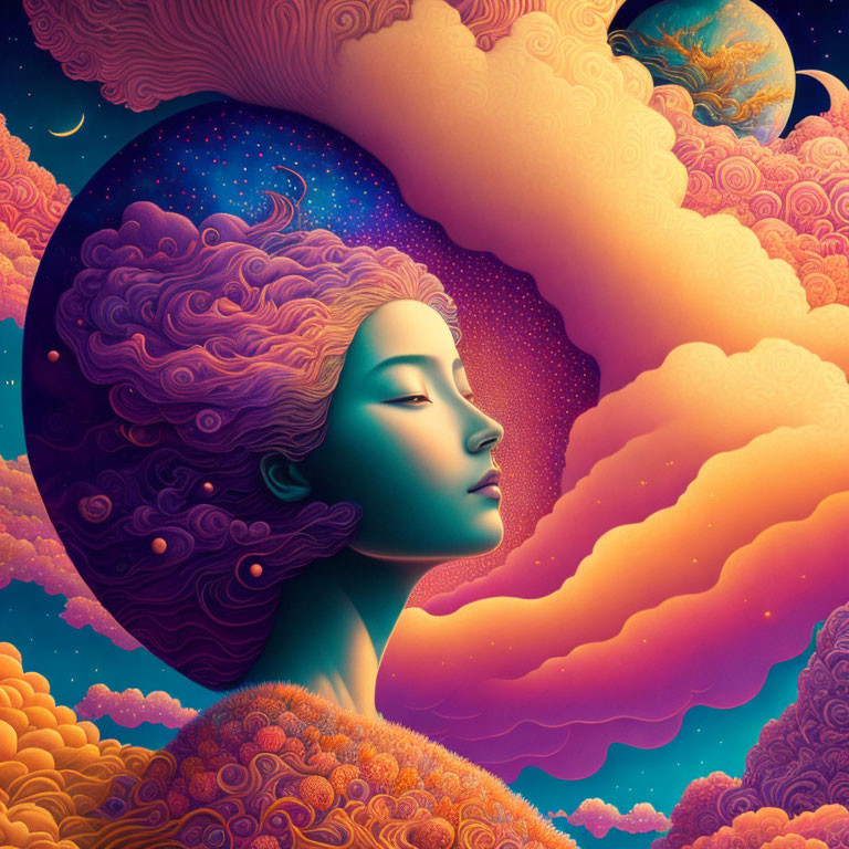 Surreal illustration of woman's profile merging with cosmic landscape