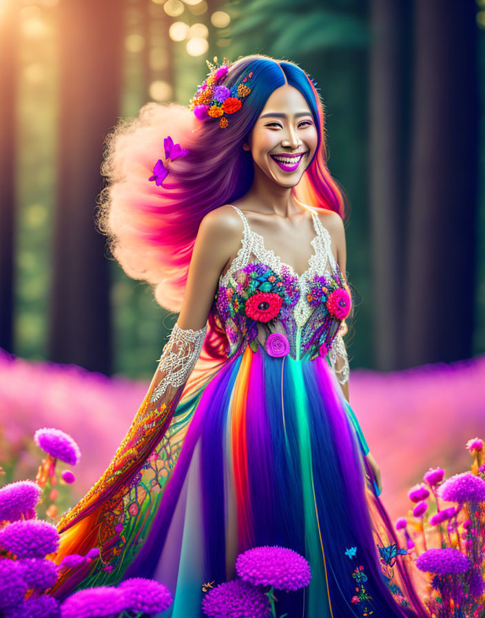Colorful Woman in Vibrant Dress Surrounded by Purple Flowers