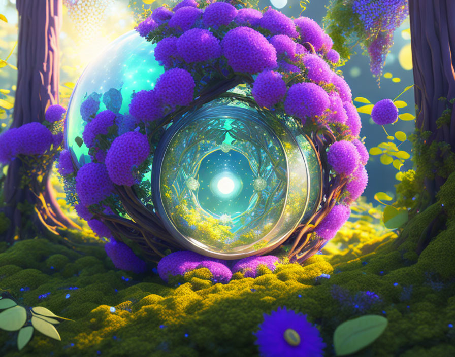Glass sphere in purple flora emitting mystical glow