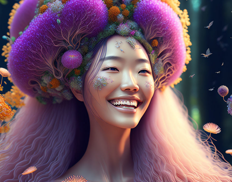Woman in Vibrant Floral Hat Smiling in Fantasy-like Setting