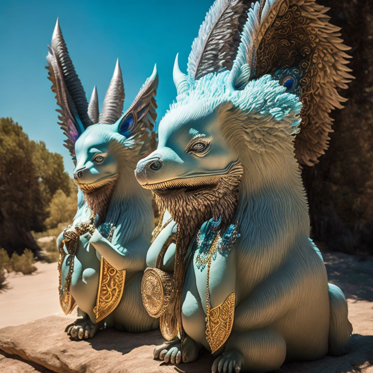 Ornate teal mythical animal sculptures with golden embellishments under blue sky