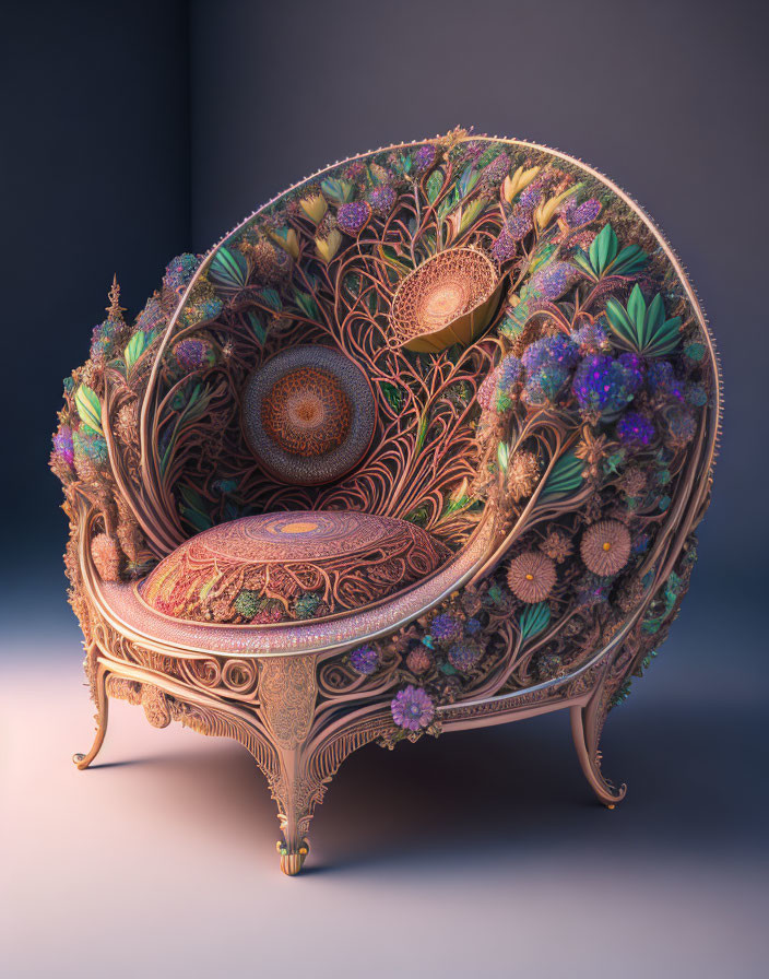 Ornate artistic chair with intricate floral patterns on gradient background