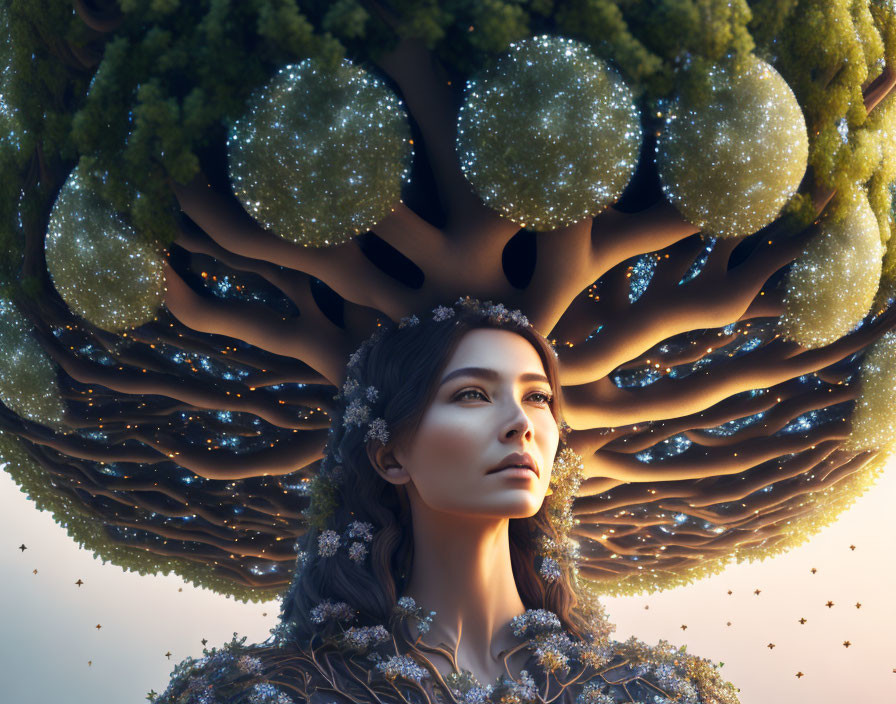 Woman with floral wreath gazes at inverted tree canopy under radiant sky