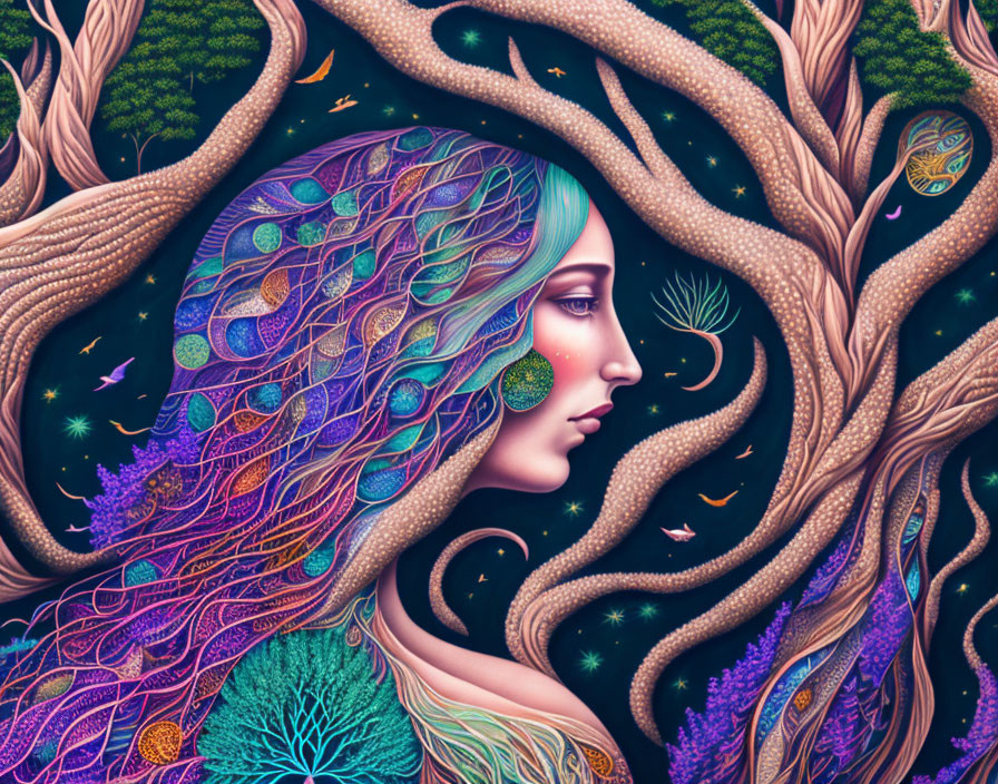 Vibrant woman's profile in fantastical forest scene