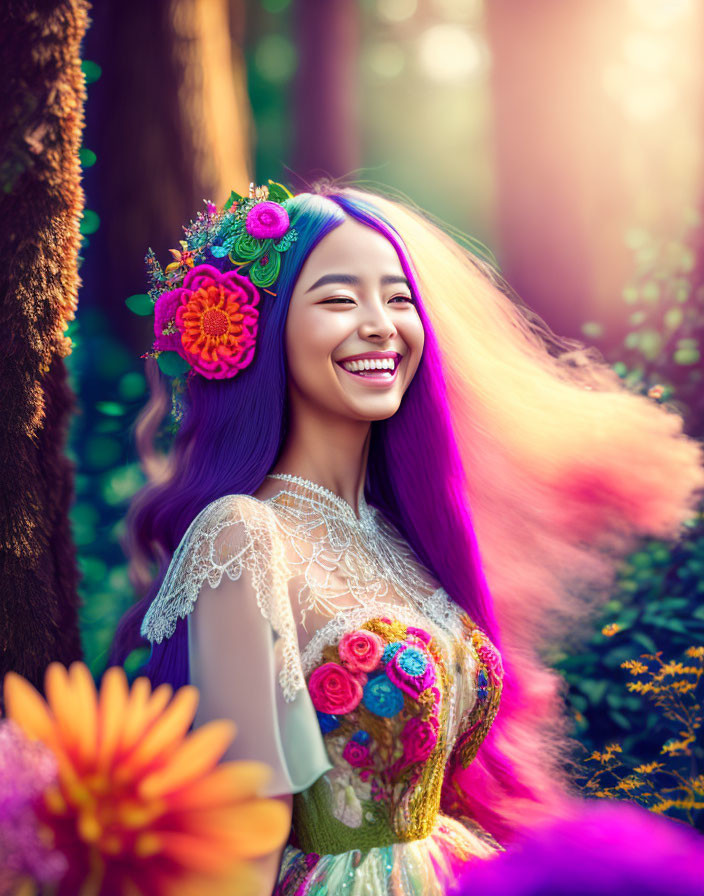 Joyful woman with purple hair and flower crown in sunlit forest with colorful flowers