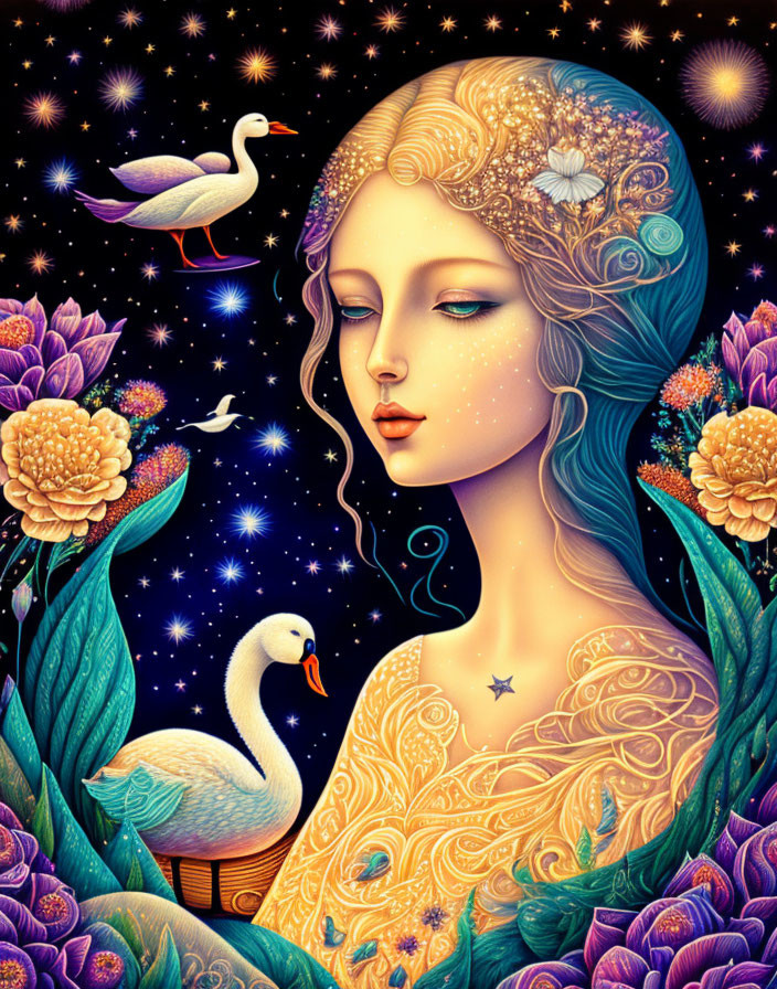 Detailed Woman Illustration with Intricate Hair, Headpiece, Flowers, Swans, and Night Sky